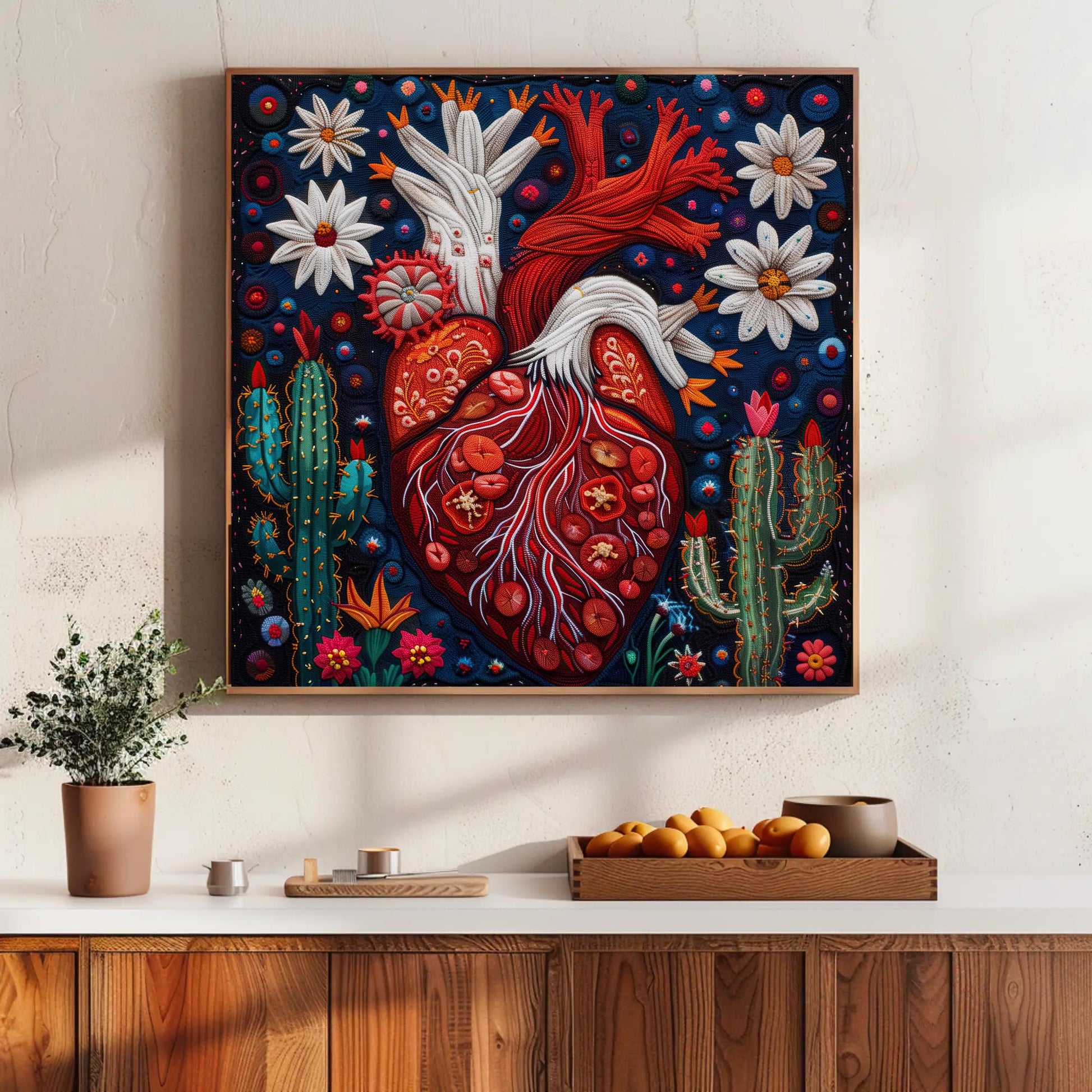 a painting of a human heart surrounded by flowers and cacti