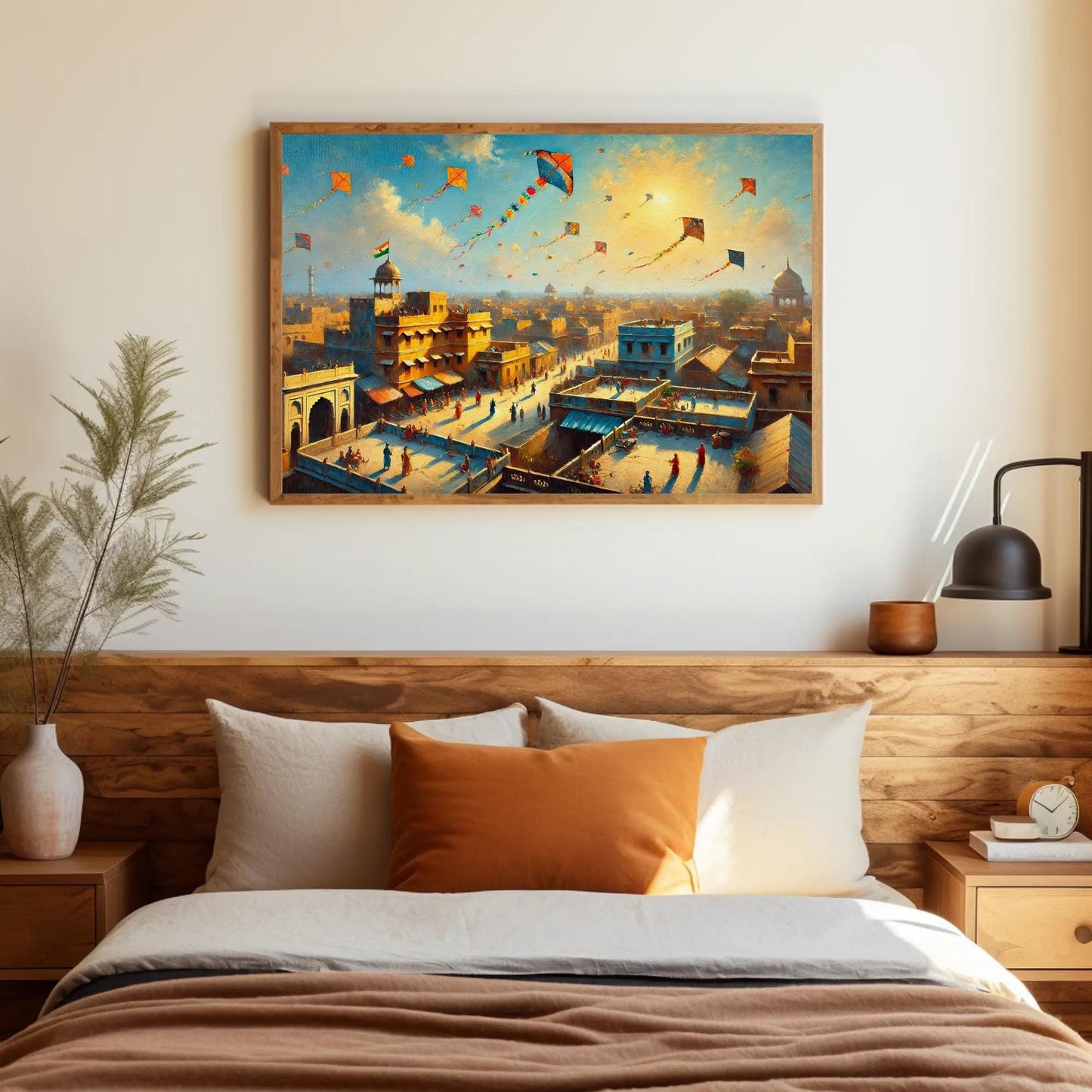 a bedroom with a bed and a painting on the wall
