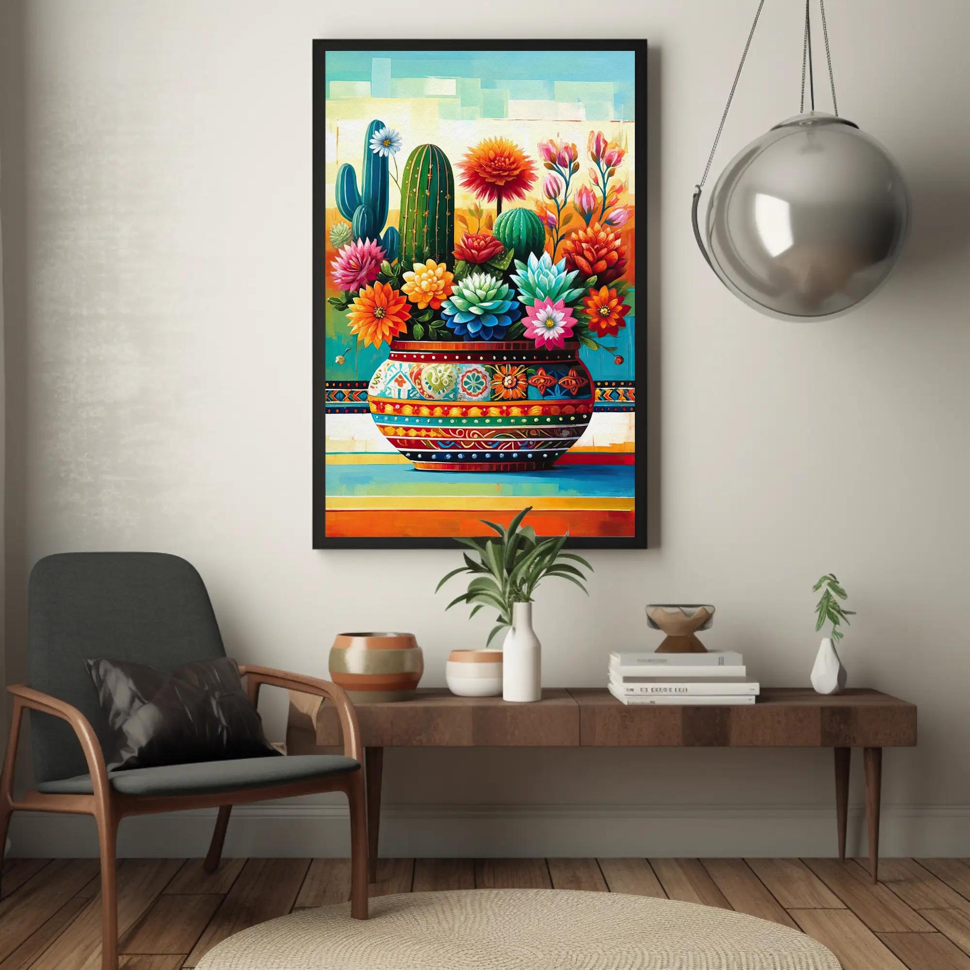 Mexican Floral Cactus , Vibrant Fiesta canvas wall art shown in a styled room (view 2)