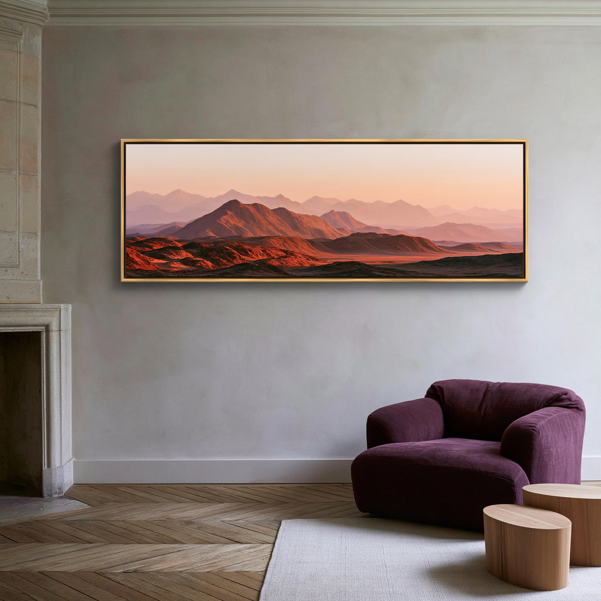 Red desert mountains at sunset canvas wall art, large, framed landscape painting hanging on a wall in a living room. The