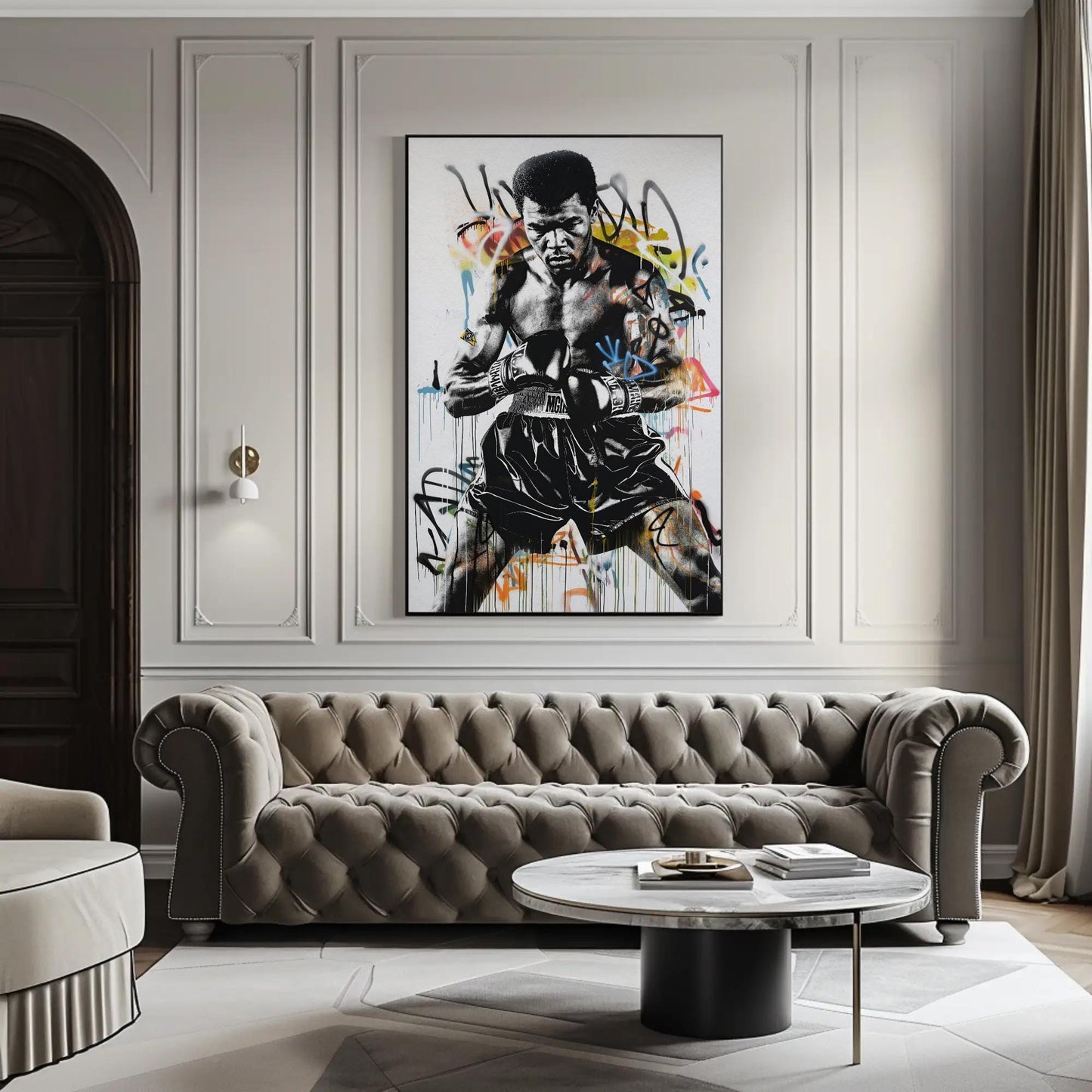 Muhammad Ali Graffiti canvas wall art shown in a living room (view 3)