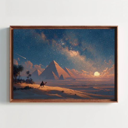 A desert landscape with a camel walking on the sand, surrounded by palm trees and mountains in the background, with a starry night sky and a bright moon above.