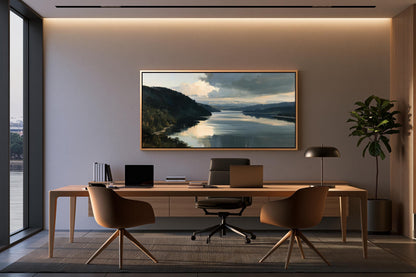 a modern office space with a large window overlooking a scenic landscape. The office features a wooden desk with a laptop, a comfortable chair, and a framed landscape painting on the wall.