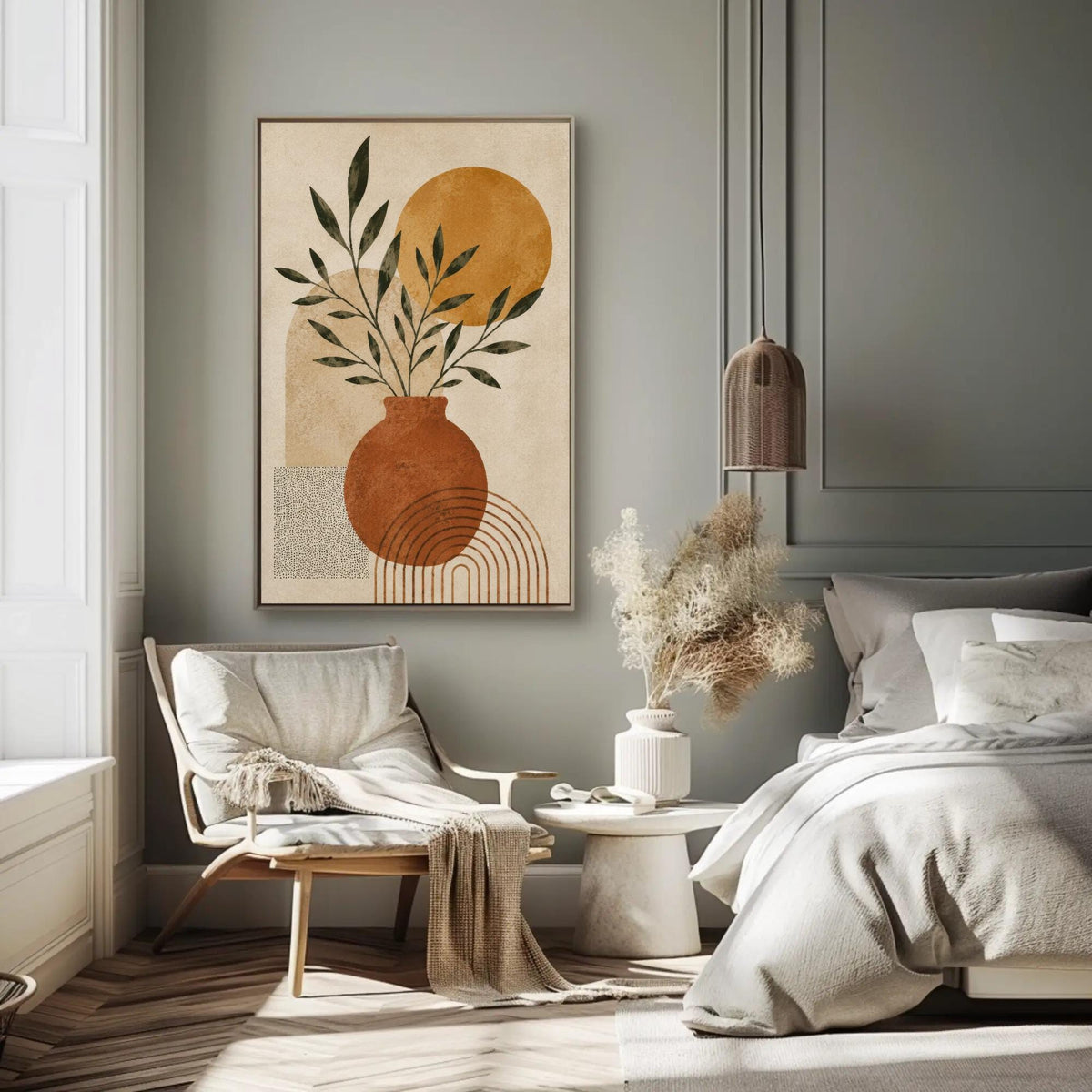 Boho terracotta vase canvas wall art, serene and modern bedroom with a large abstract painting of a plant on the wall, a