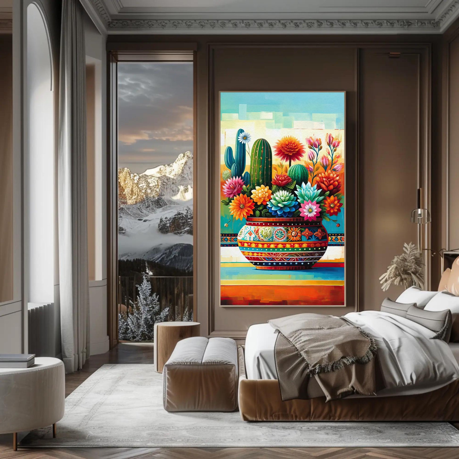 Mexican Floral Cactus , Vibrant Fiesta canvas wall art shown in a bedroom