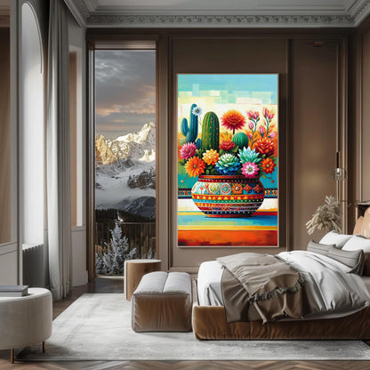 Mexican Floral Cactus , Vibrant Fiesta canvas wall art shown in a bedroom
