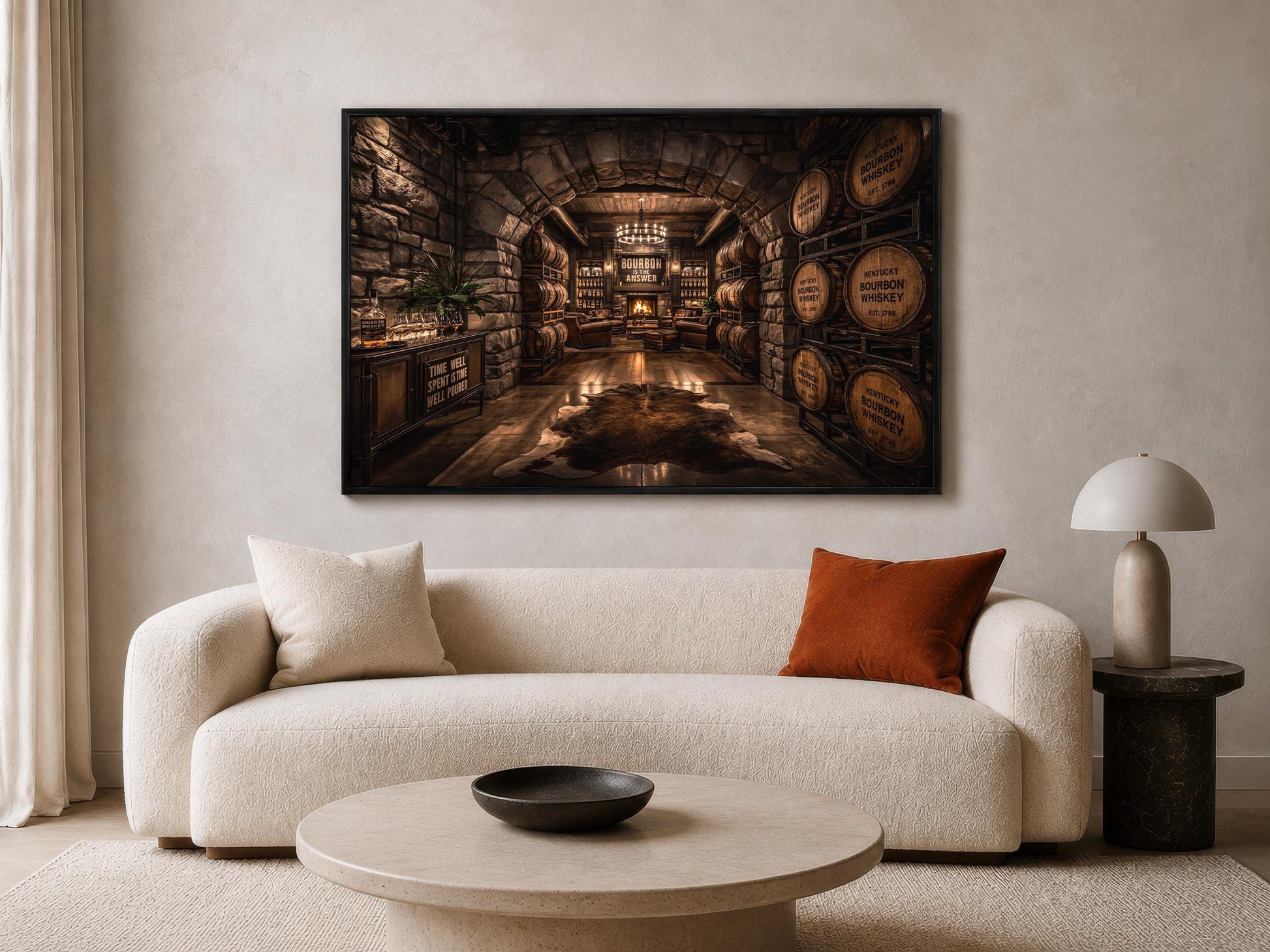 a cozy living room with a large, ornate painting of a wine cellar hanging on the wall above a white sofa with two throw pillows. The sofa is positioned in front of a round coffee table, and a lamp is placed on a side table next to the sofa.