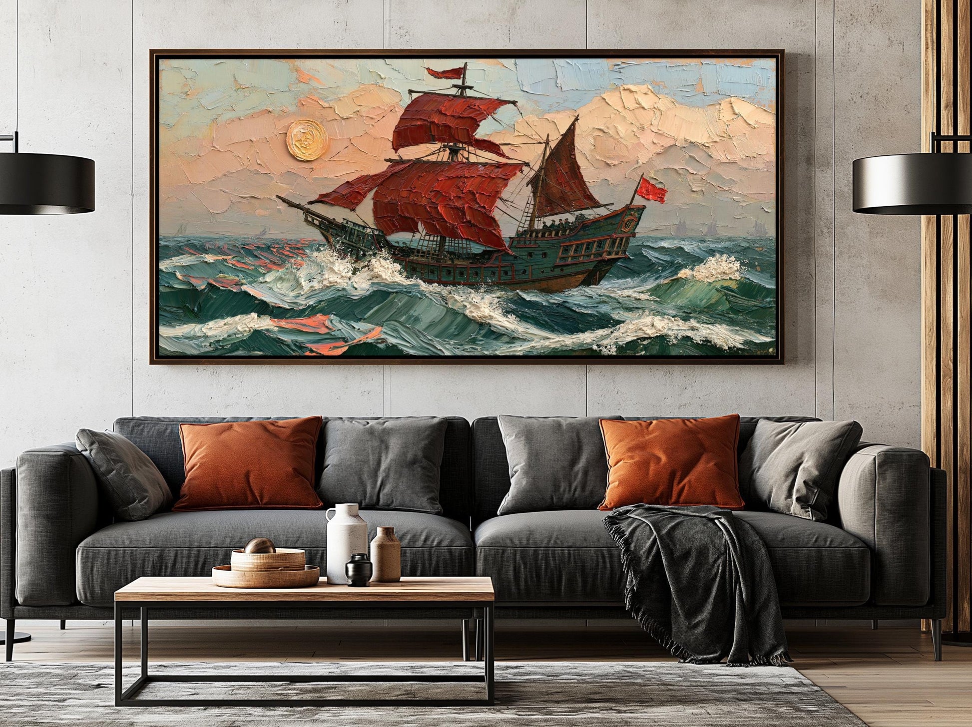 Pirate Ship Wall Art, Panoramic Red Sails Canvas, Ocean Waves Art