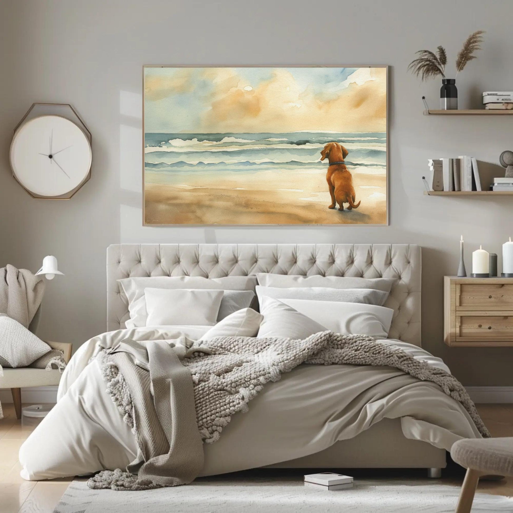 Dachshund Dog Coastal canvas wall art shown in a styled room