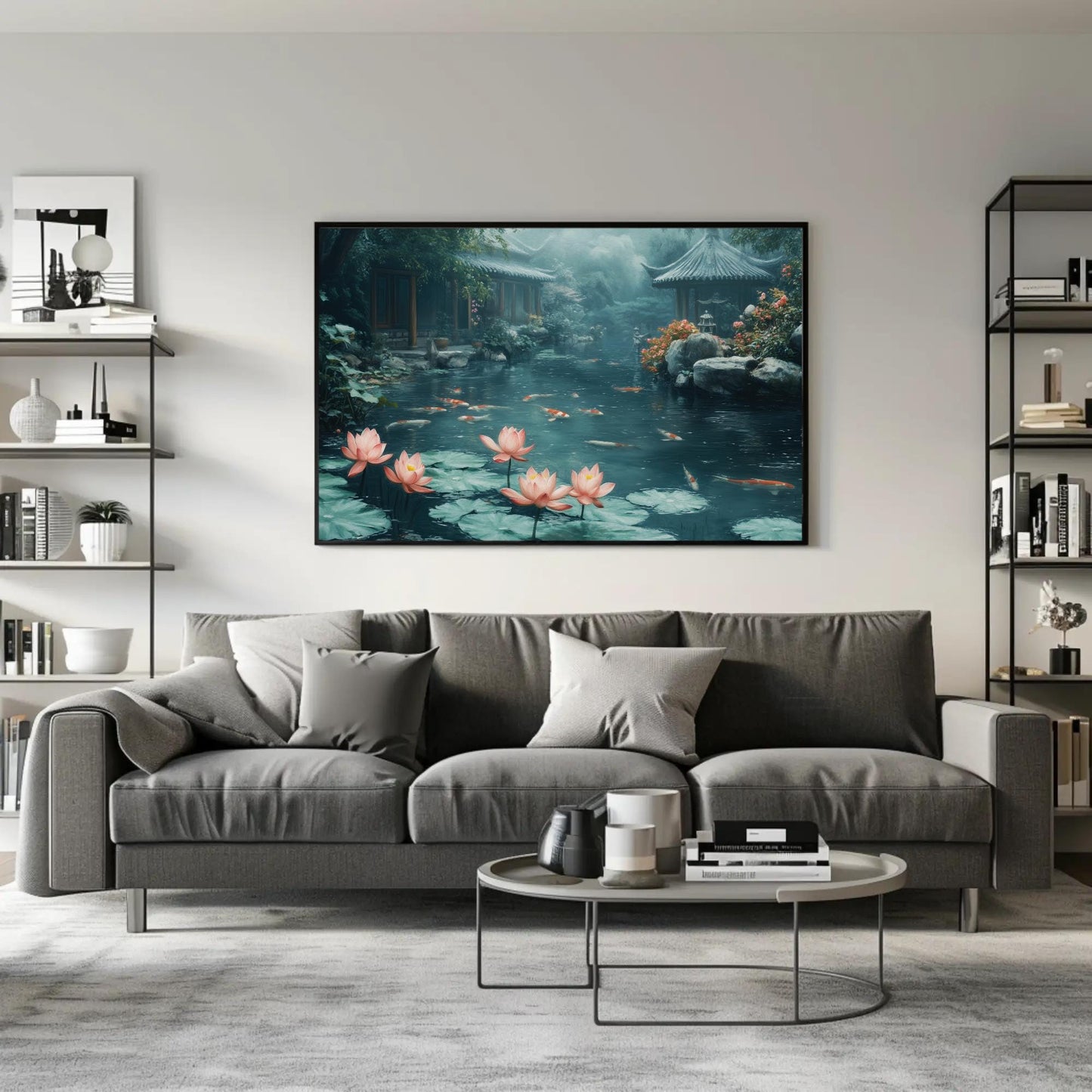 Koi Fish Pond canvas wall art shown in a living room