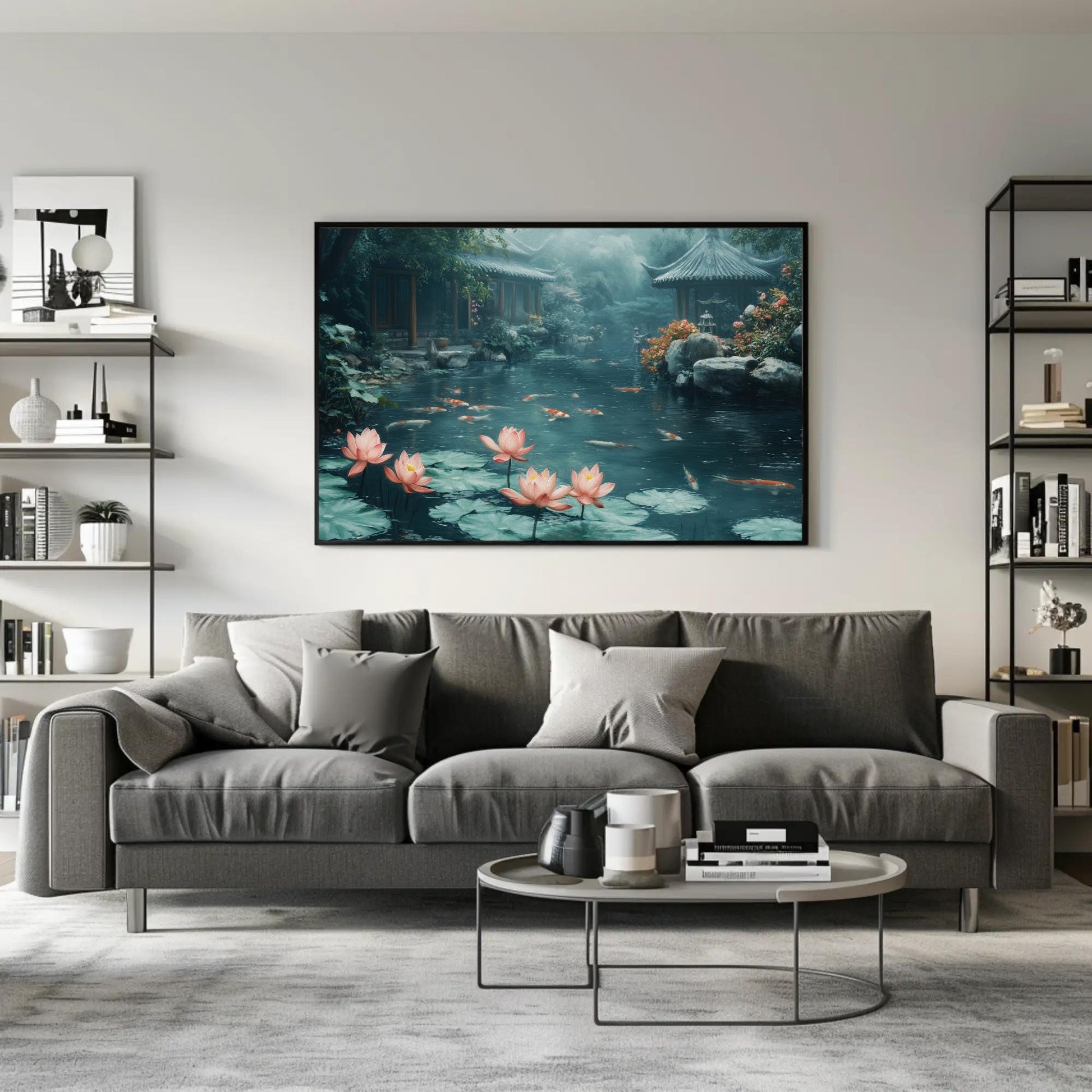 Koi Fish Pond canvas wall art shown in a living room