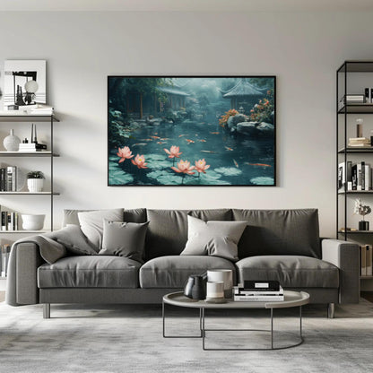 Koi Fish Pond canvas wall art shown in a living room