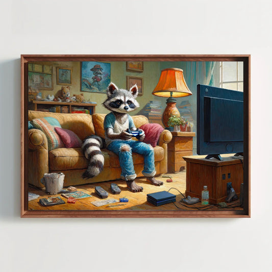 a painting of a raccoon sitting on a couch