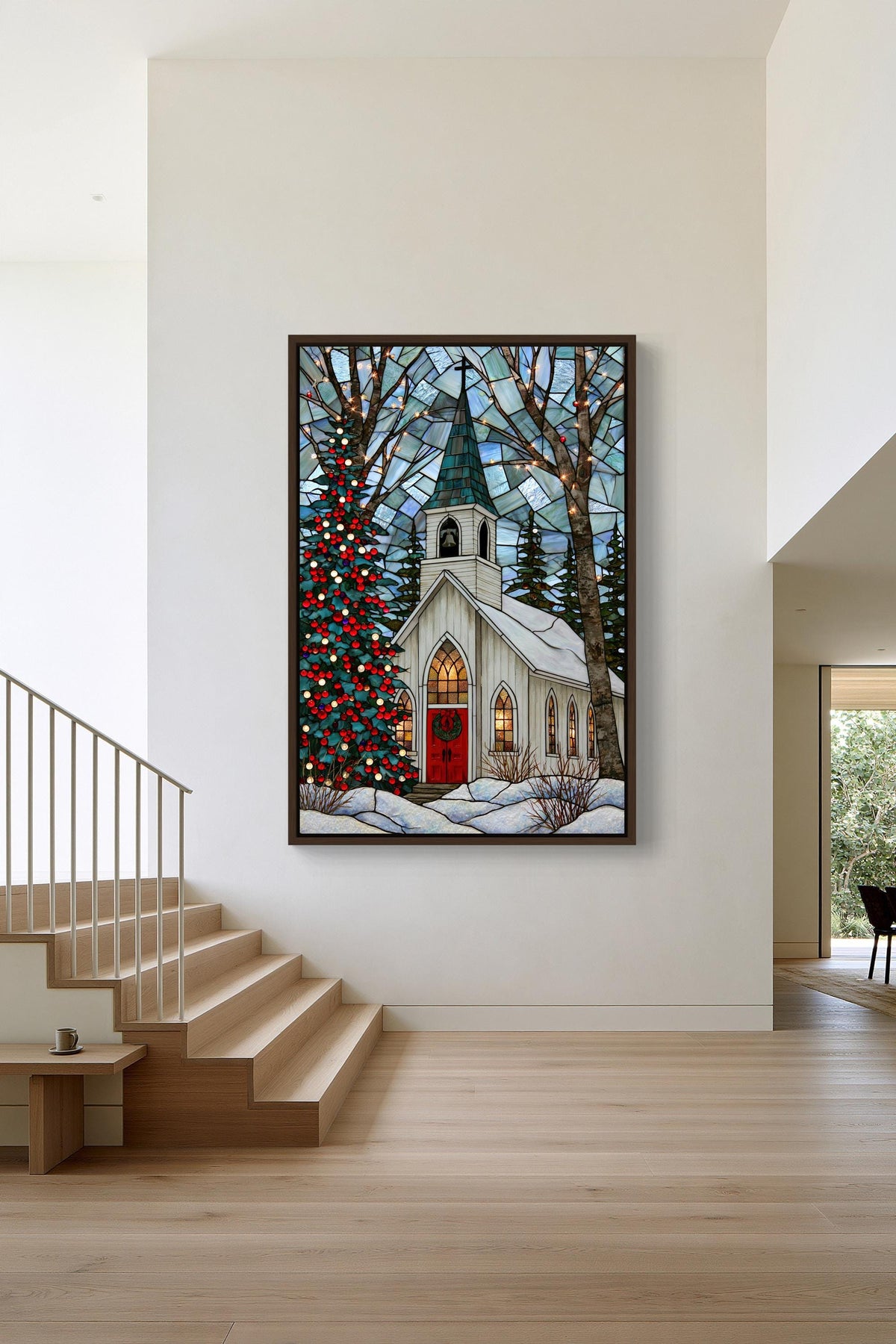 Christmas chapel stained glass canvas wall art, white church with a red door, surrounded by a snowy landscape with trees and