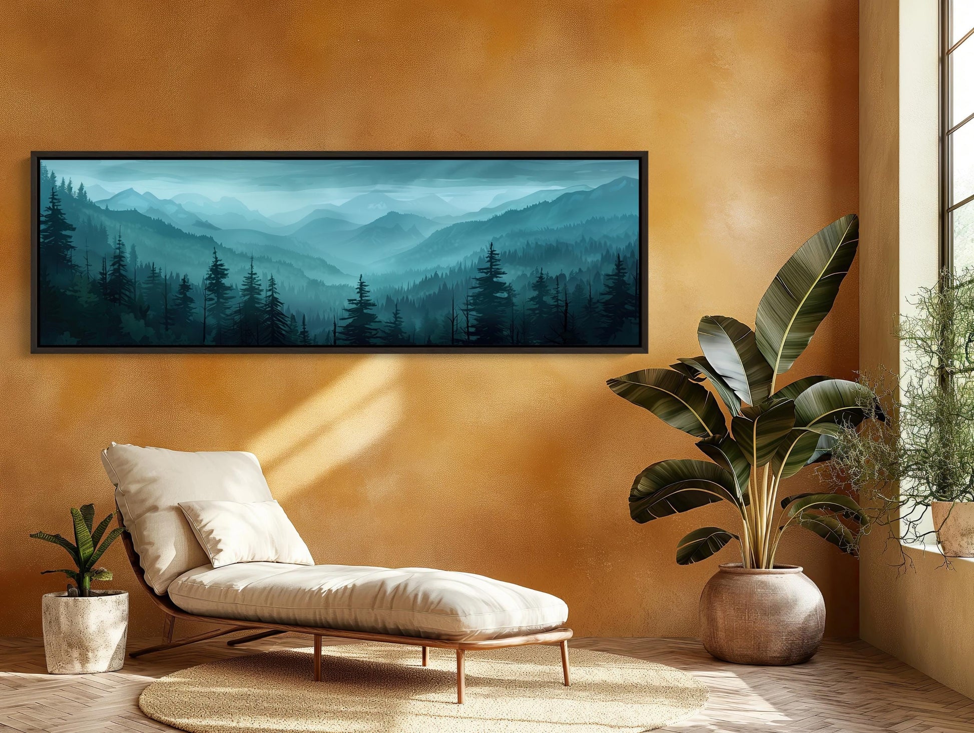 Misty Mountain Forest Art canvas wall art shown in a living room (view 3)