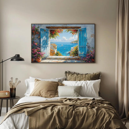Mediterranean window view canvas wall art in a room setting