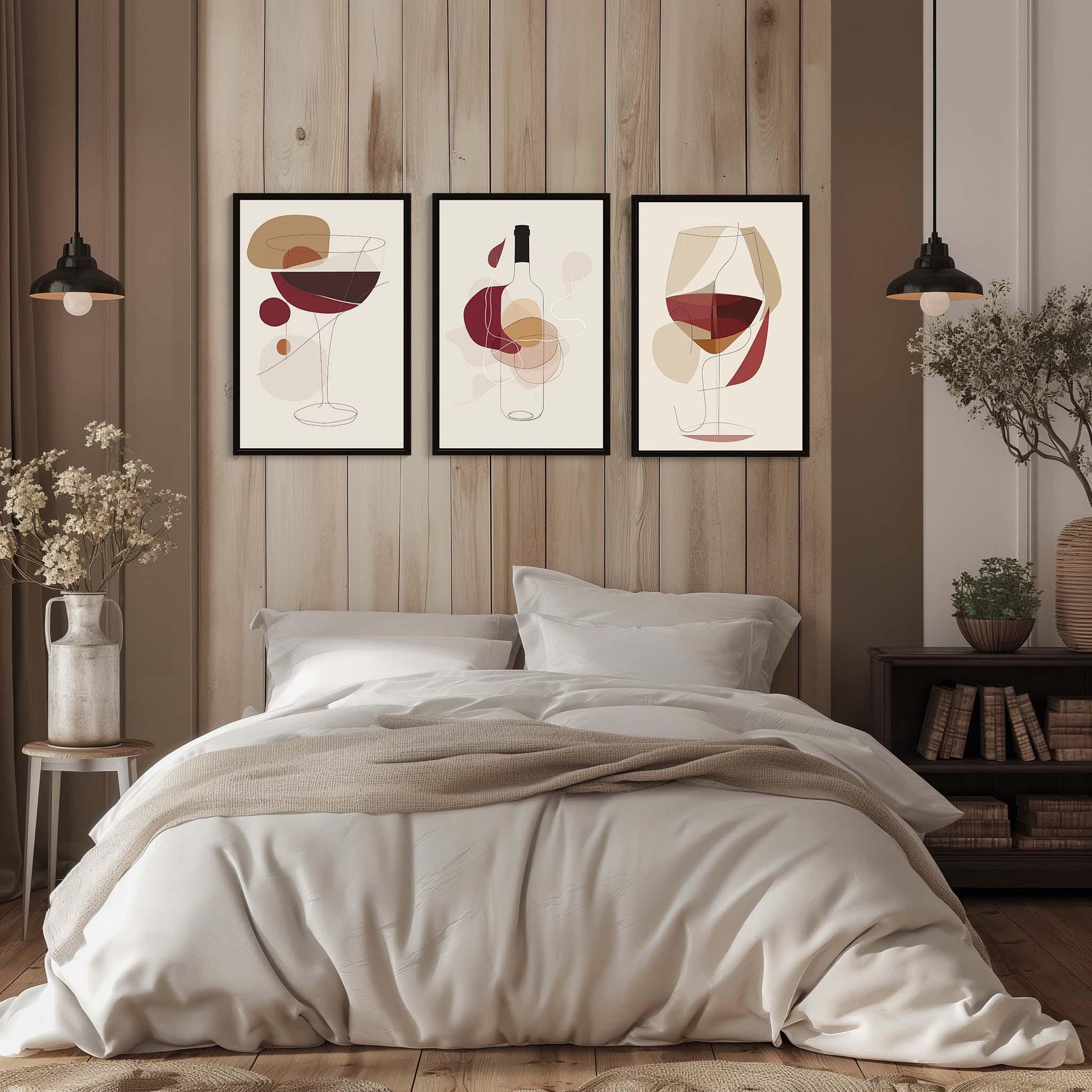 Boho Wine Glass Prints canvas wall art shown above a bed