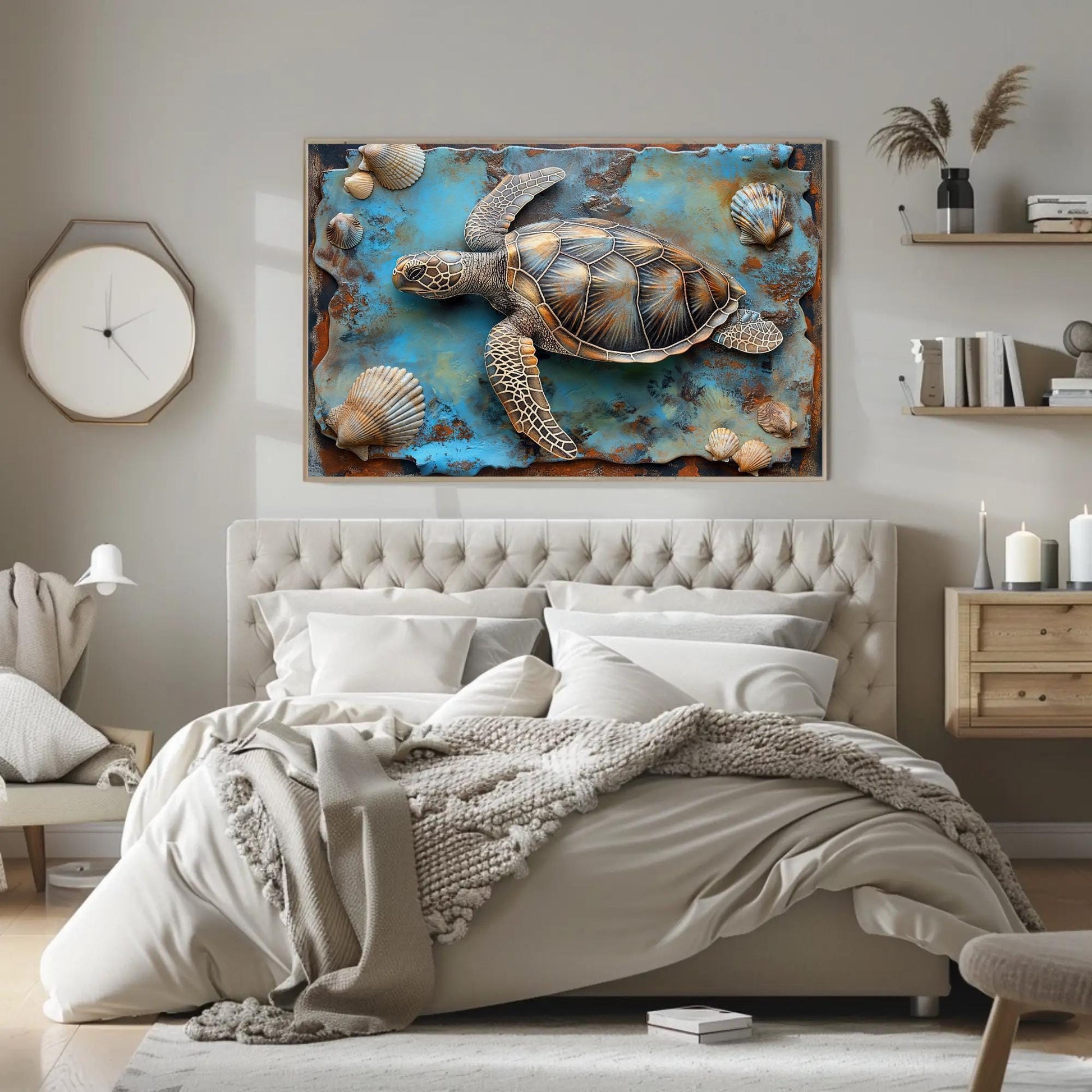 3D Sea Turtle Art canvas wall art shown in a bedroom (view 2)