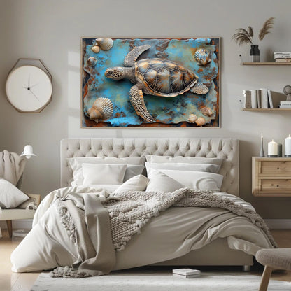 3D Sea Turtle Art canvas wall art shown in a bedroom (view 2)
