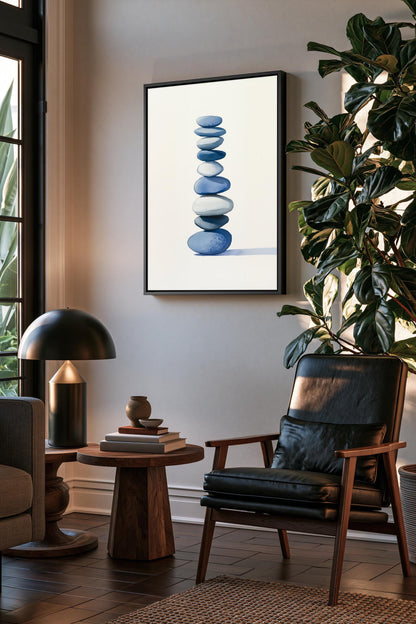a serene living room with a wooden coffee table, a black leather armchair, and a framed artwork of stacked blue and white stones on the wall.