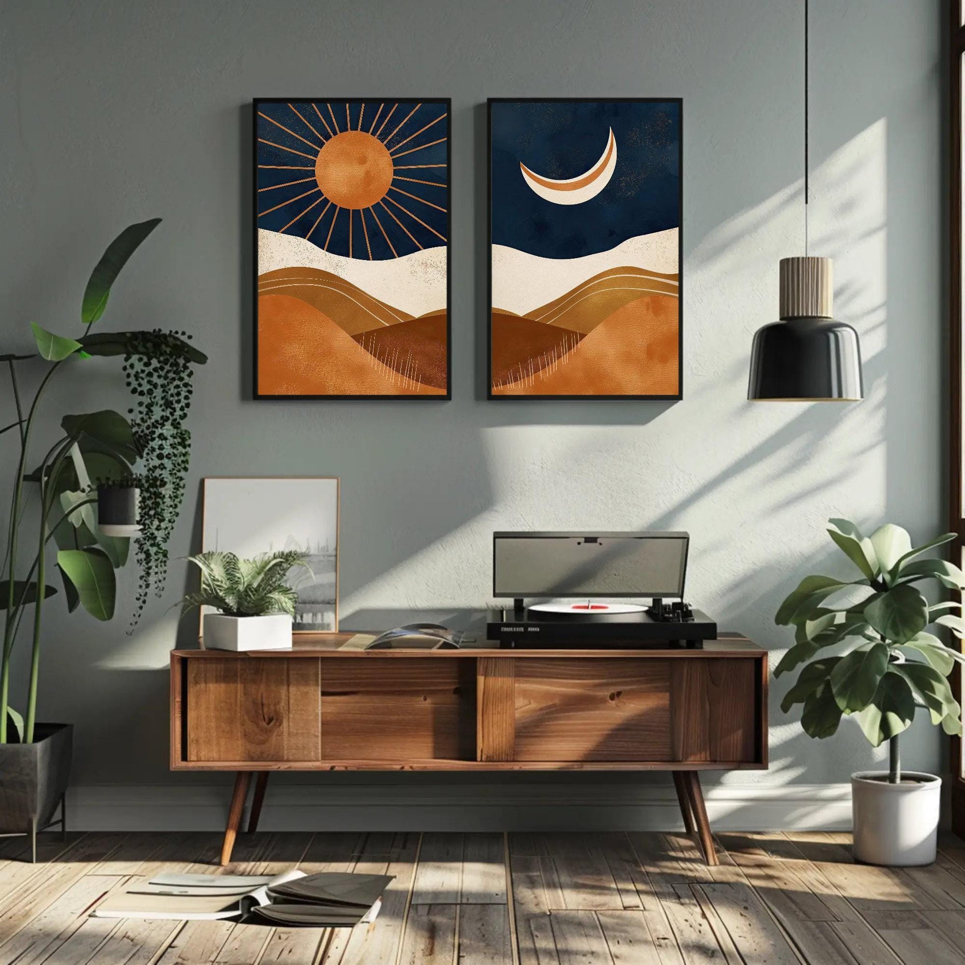 Sun and Moon canvas wall art shown above a desk