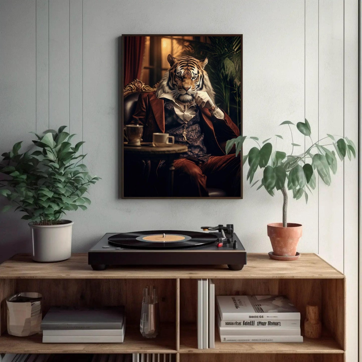 Mafia Boss Tiger canvas wall art shown in a styled room