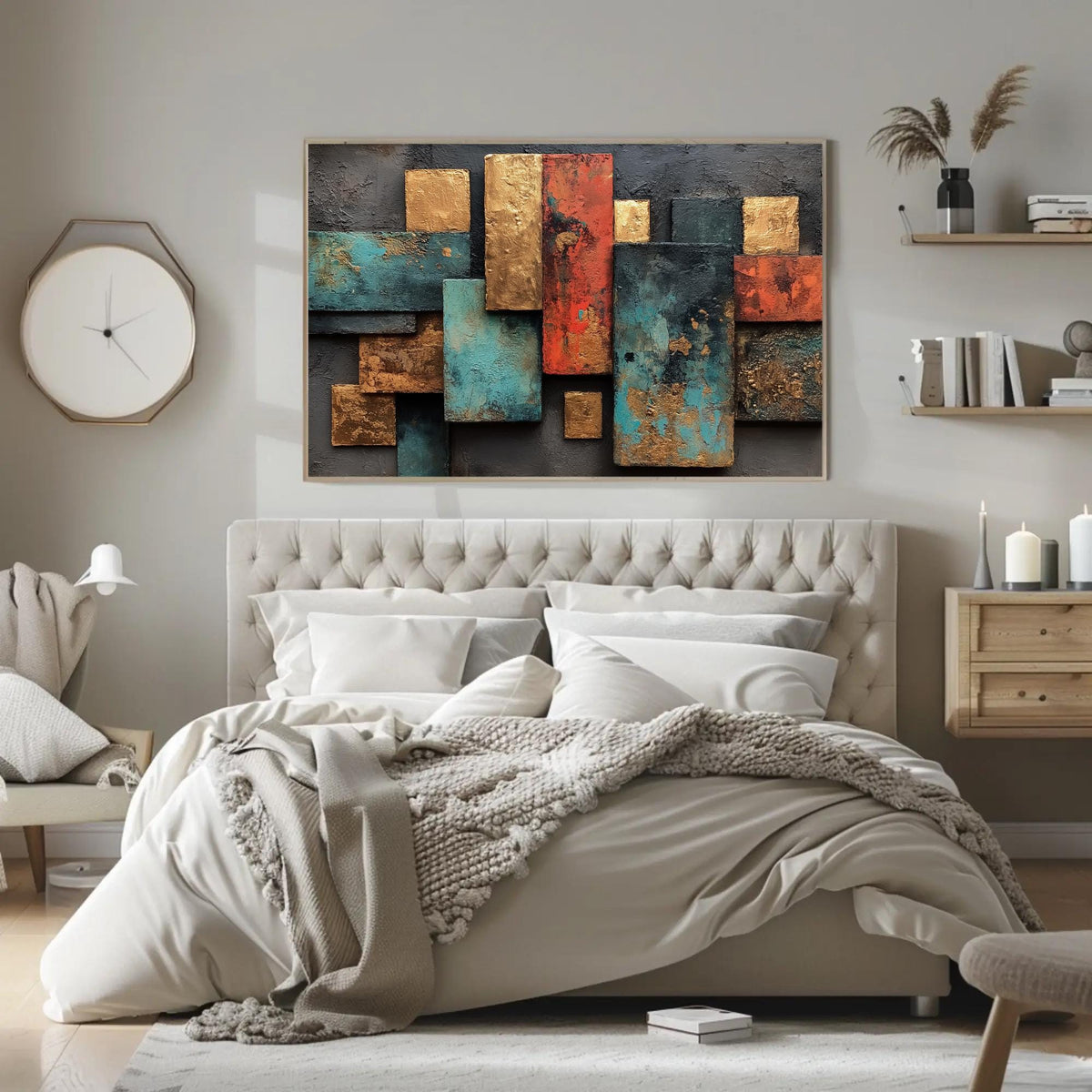 Gold teal rust geometric canvas wall art, bedroom with a bed and a painting on the wall