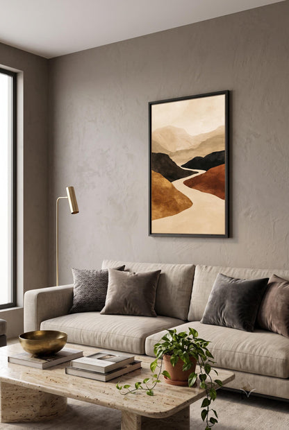 Abstract Mountain Wall Art, Winding River Canvas, Terracotta Ochre
