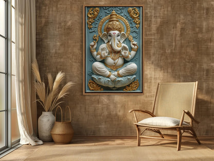 3D Ganesha canvas wall art shown in a styled interior