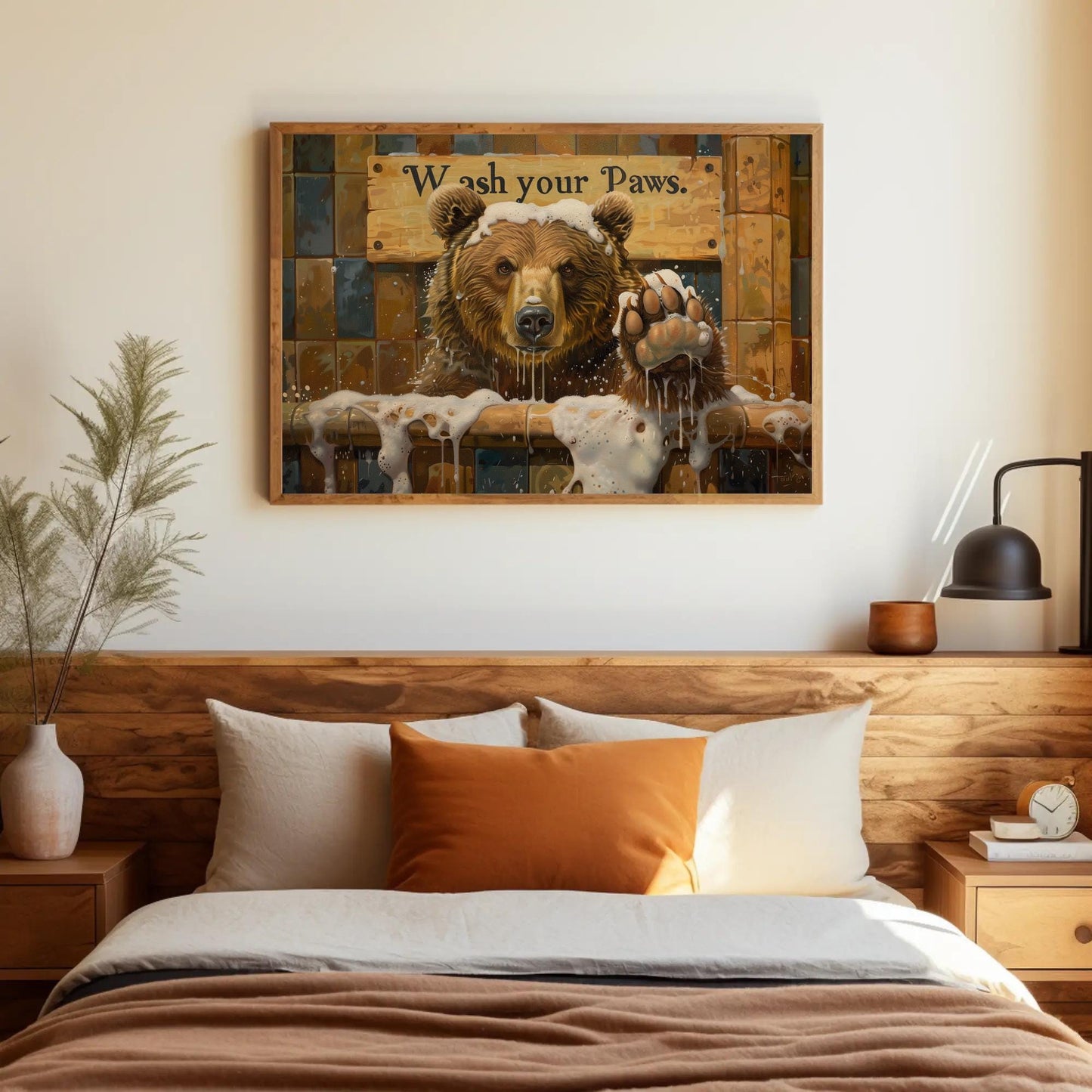 Brown Bear canvas wall art shown above a bed
