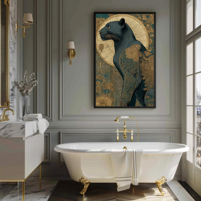 Art Deco Panther , Gold Geometric canvas wall art shown in a bathroom