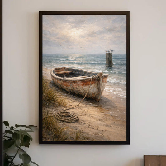 Vintage boat canvas wall art, weathered rowboat with coiled rope on a sandy beach