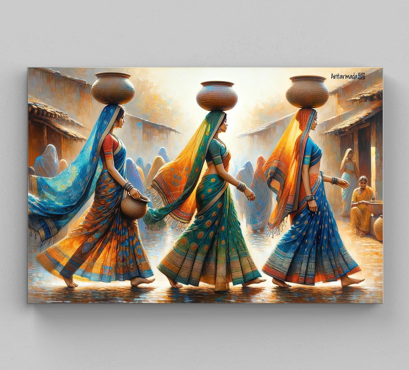 Indian Women Clay Pots Canvas Print, Traditional Desi Wall Art