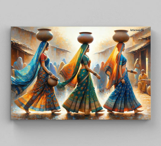 Indian Women Clay Pots Canvas Print, Traditional Desi Wall Art