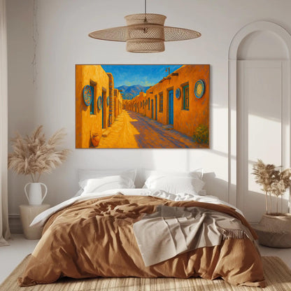 Santa Fe Adobe canvas wall art shown in a bedroom (view 3)