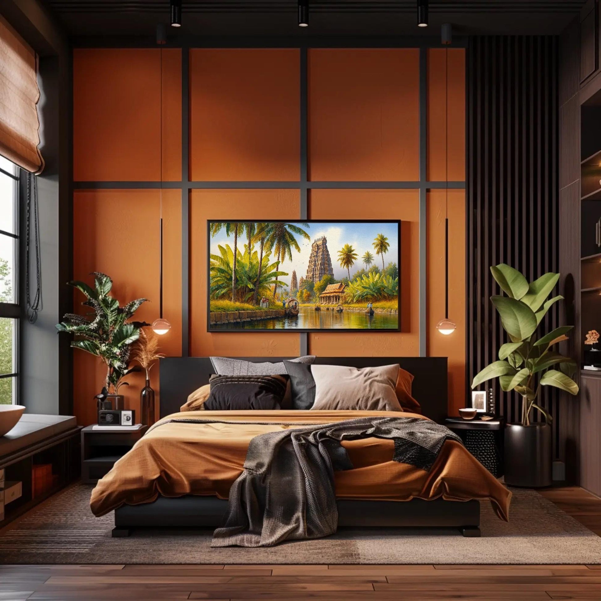 South India Backwaters , Kerala Temple canvas wall art shown in a bedroom (view 2)