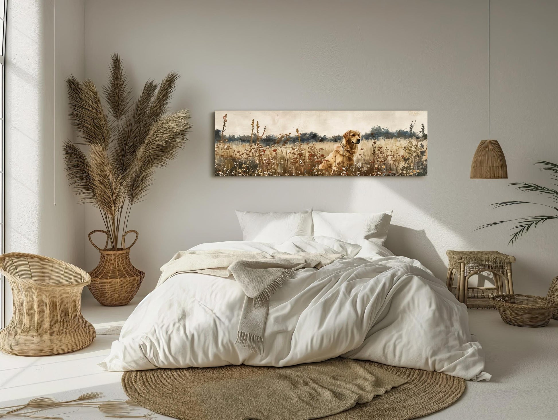 a bedroom with a bed and a painting on the wall