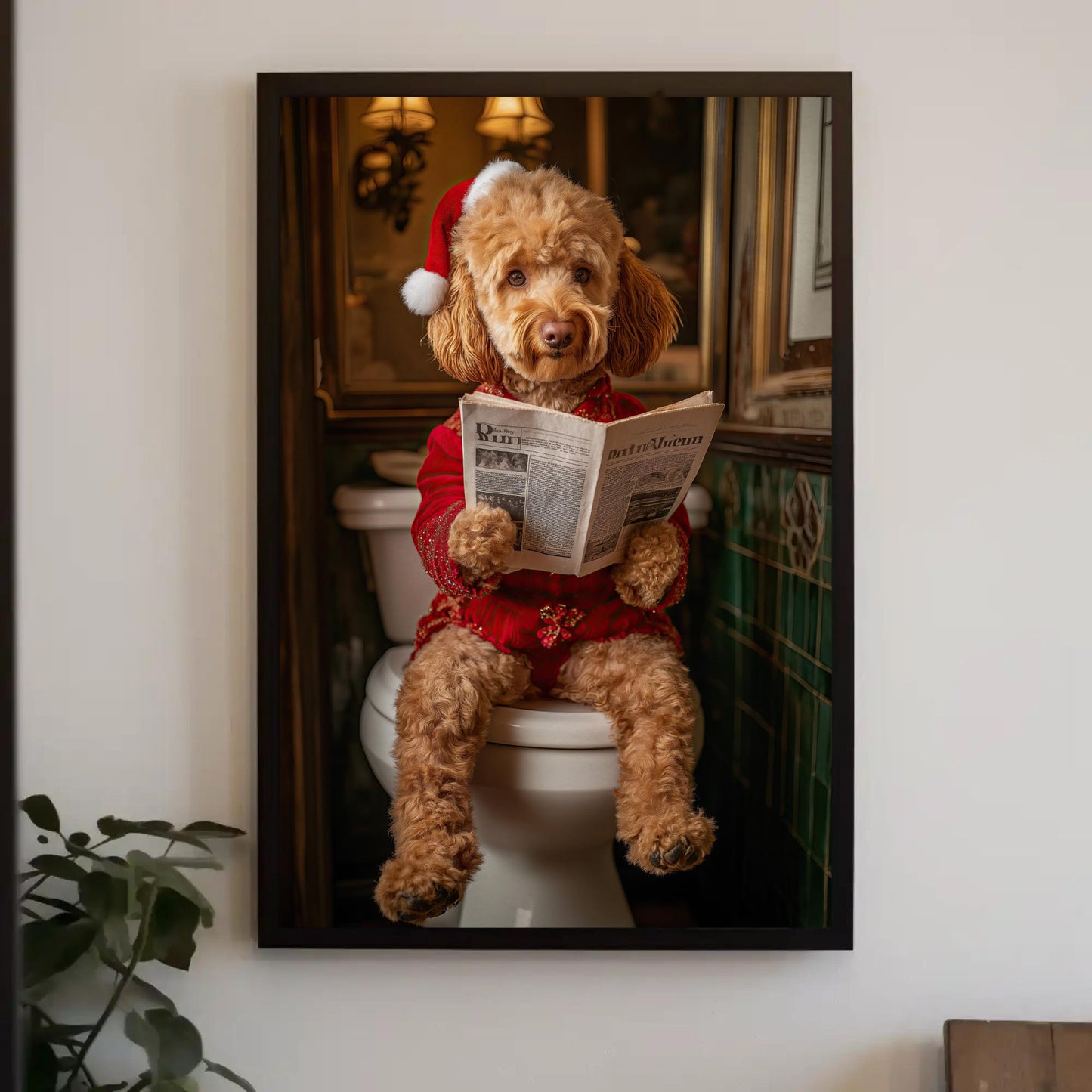 Goldendoodle Santa Hat canvas wall art shown in a styled room (view 3)
