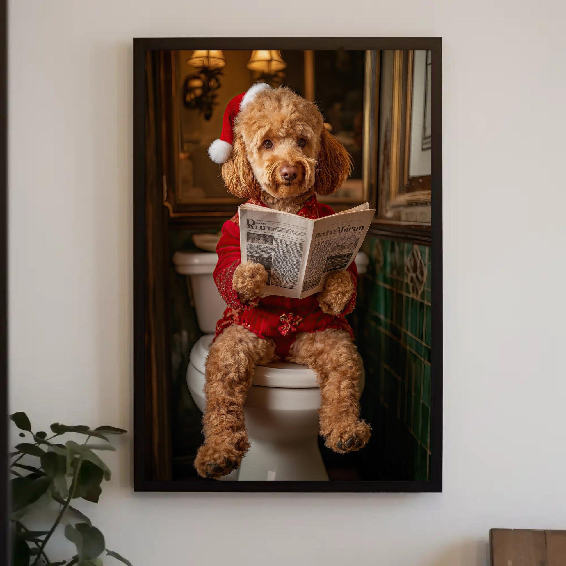 Goldendoodle Santa Hat canvas wall art shown in a styled room (view 3)