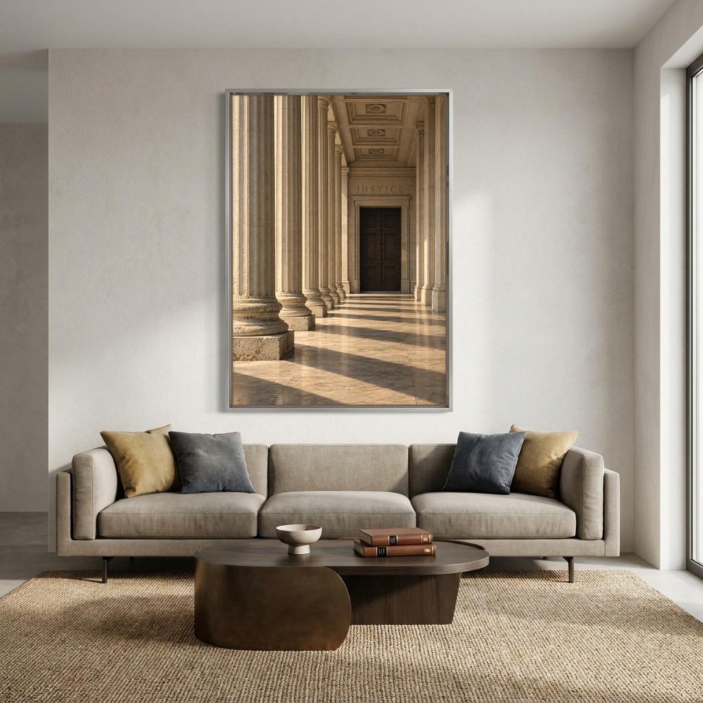 a modern living room with a large framed photograph of a classical architectural hallway with columns hanging on the wall above a gray sofa with two throw pillows.