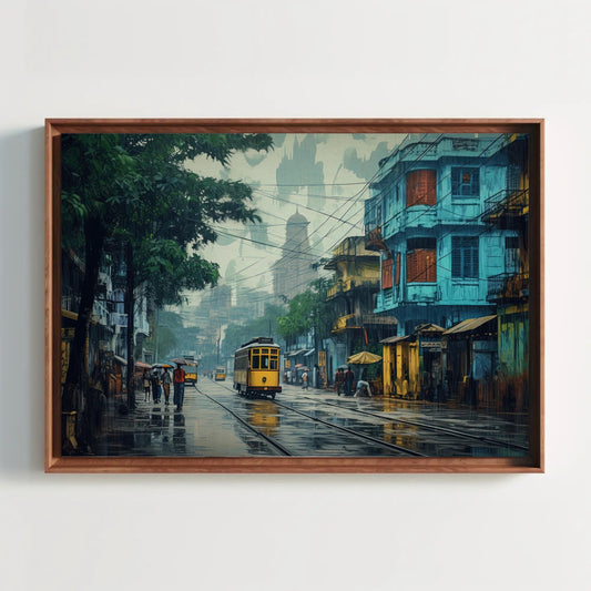 a painting of a city street with a yellow bus