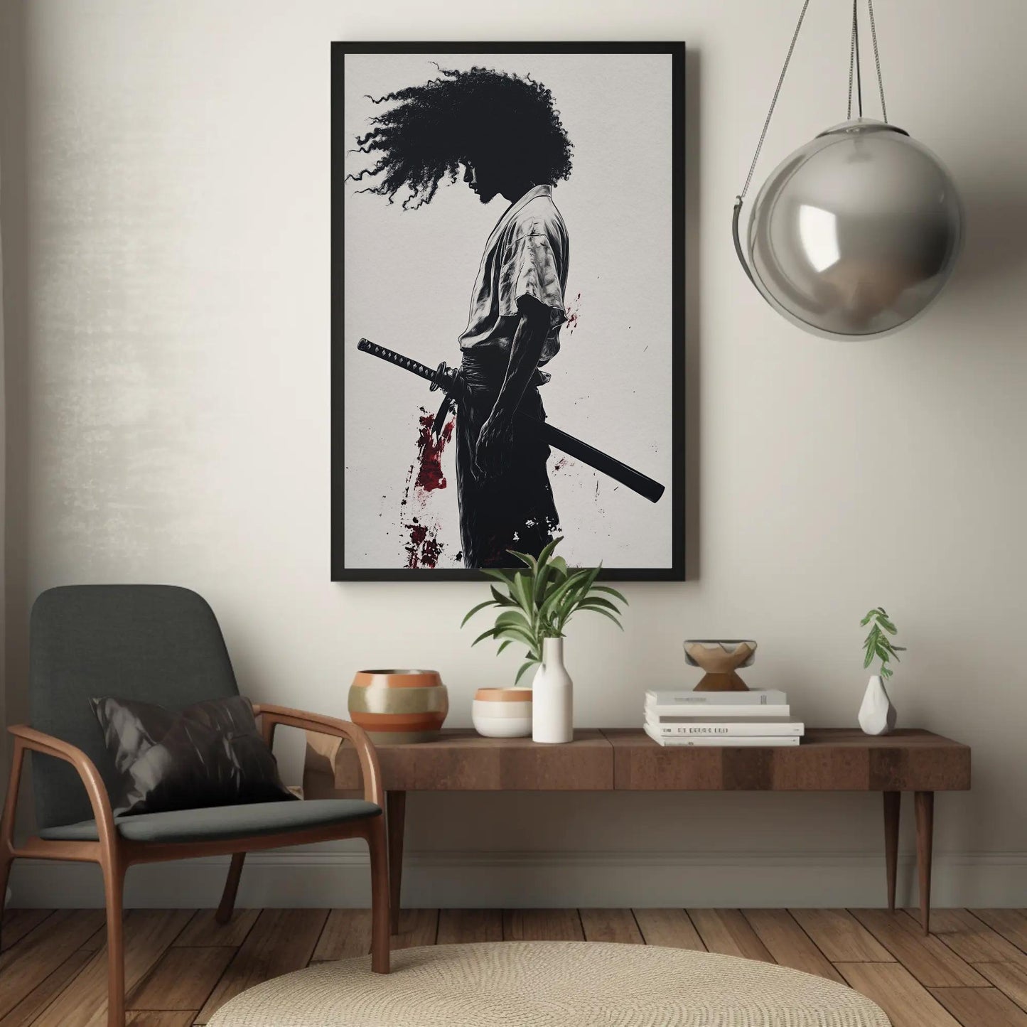 African Samurai , Black Warrior Anime canvas wall art shown in a living room