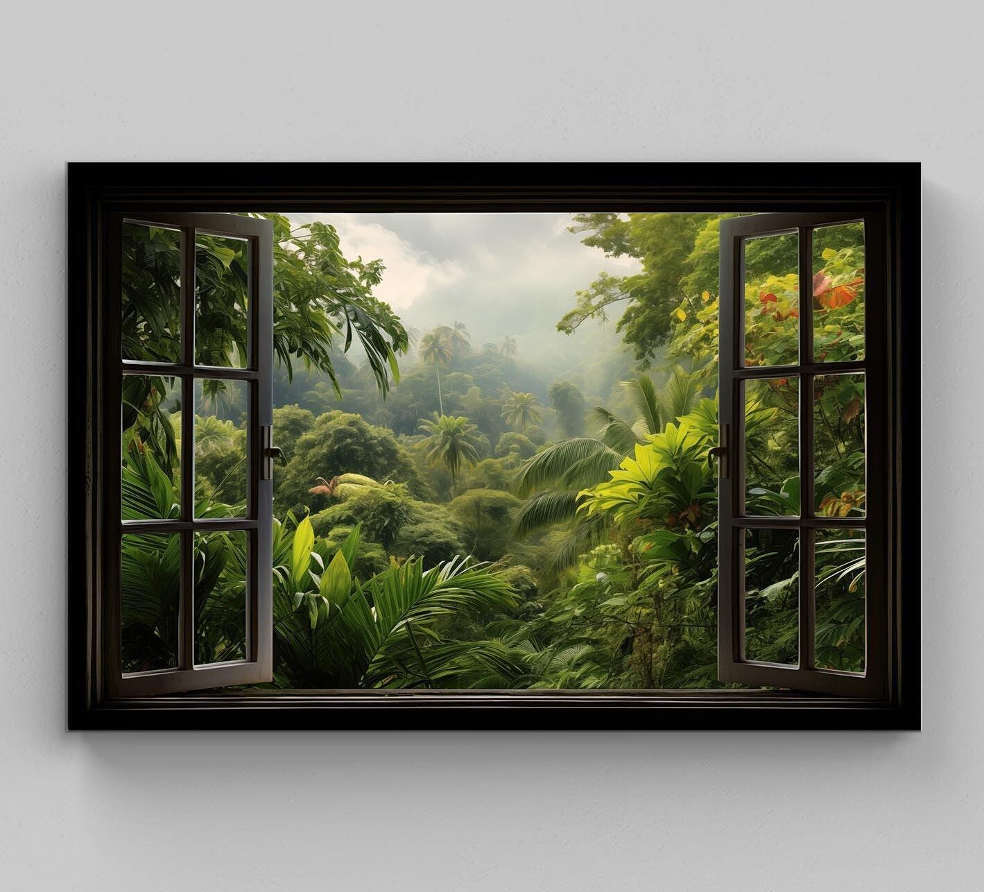 Tropical Jungle Canvas, Large Faux Window Art, Green Landscape Wall Decor