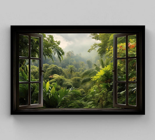 Tropical Jungle Canvas – Large Faux Window Art | Green Landscape Wall Decor