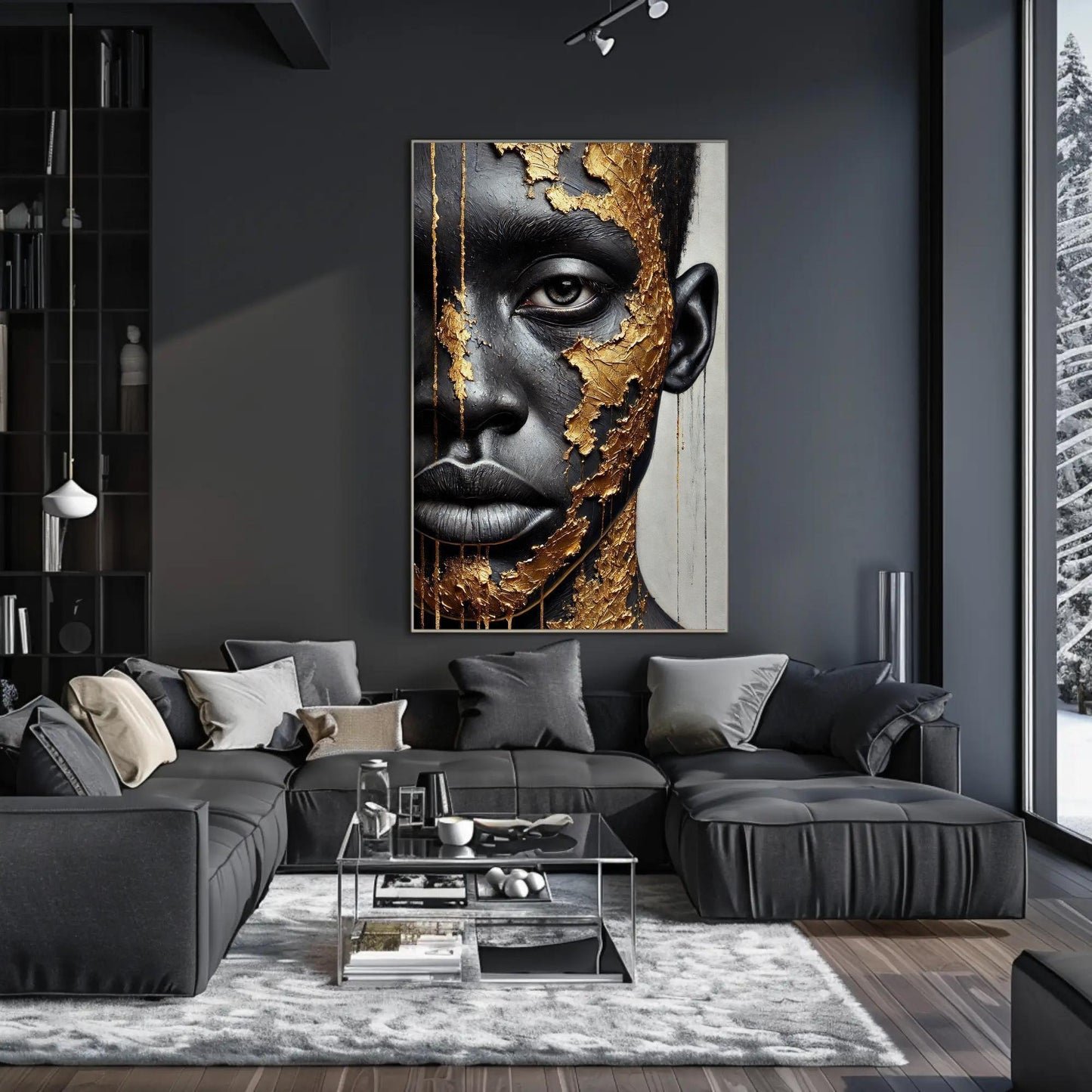 Black Boy Gold Portrait canvas wall art shown in a living room