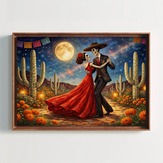 Day of the Dead canvas wall art, skeleton couple dancing under a full moon among cacti and marigolds