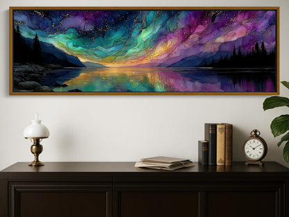 Aurora Lake Canvas Print, Northern Lights Panoramic Wall Art