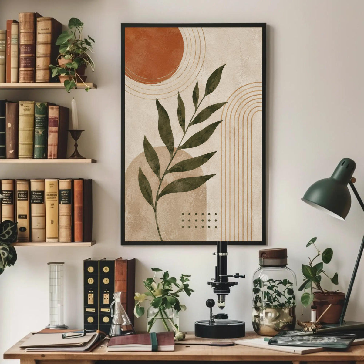 a well-organized workspace with a desk, a lamp, a plant, and a framed abstract art piece on the wall.