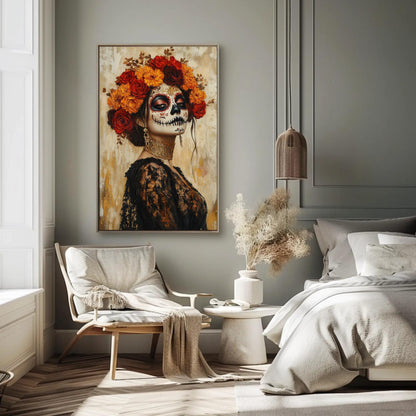 Sugar Skull canvas wall art shown in a bedroom