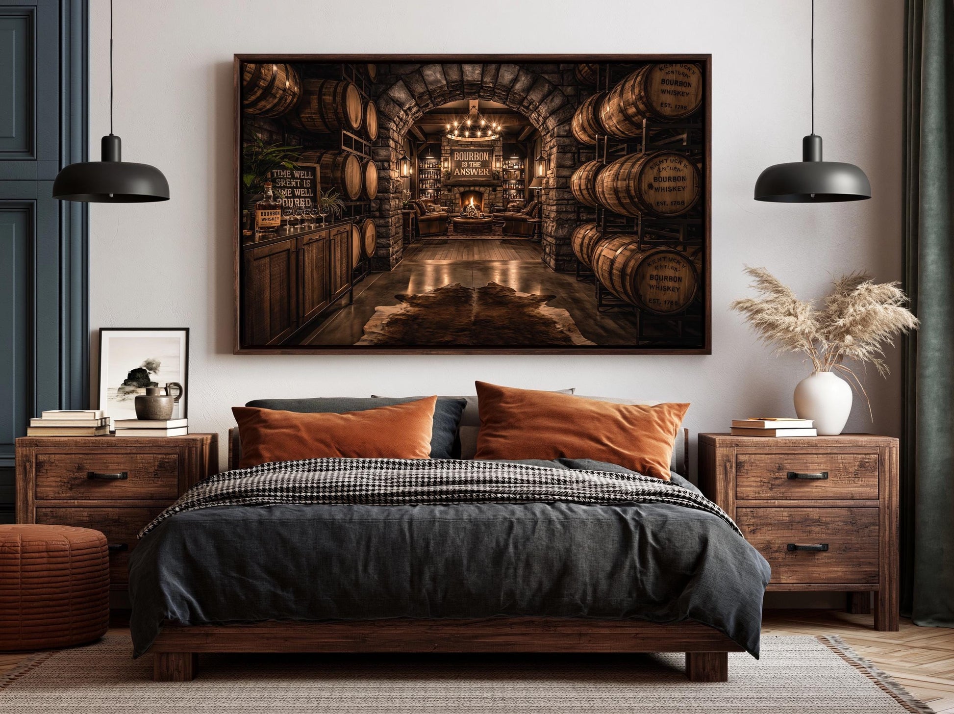 a cozy bedroom with a large bed, wooden furniture, and a painting of a wine cellar above it.